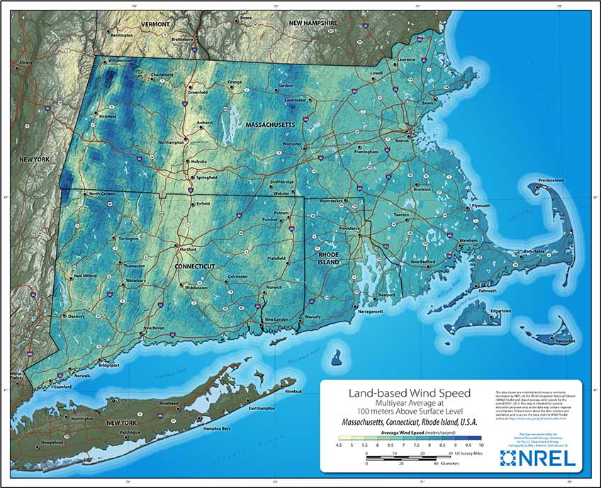 A map that displays multiyear average land-based wind resources available in New England. 