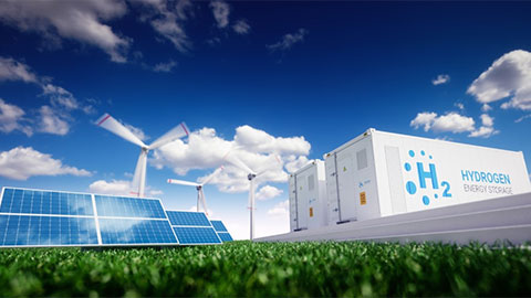 A graphic with wind turbines, photovoltaics, and hydrogen storage.