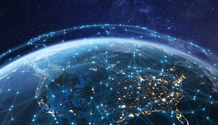 Composite illustration photo of planet Earth seen from space showing the electrical and cybersecurity grids