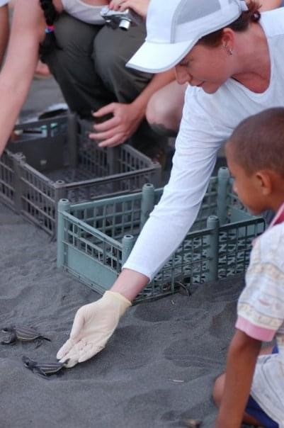 Photo of a woman wearing a glove and setting a sea turtle down on the sand to walk to the ocean.