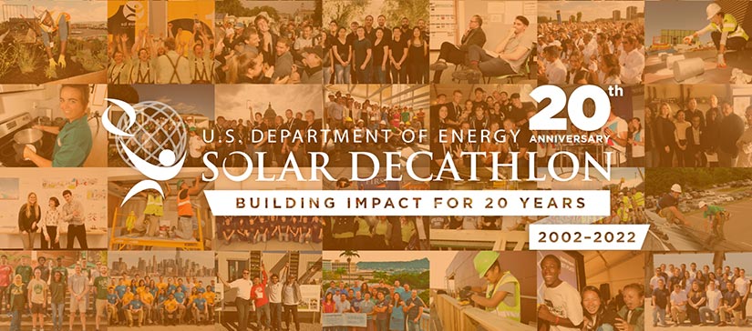 Collage of approximately 35 historical photos from teams participating in the Solar Decathlon since 2002. Solar Decathlon 20th Anniversary logo, with the tagline