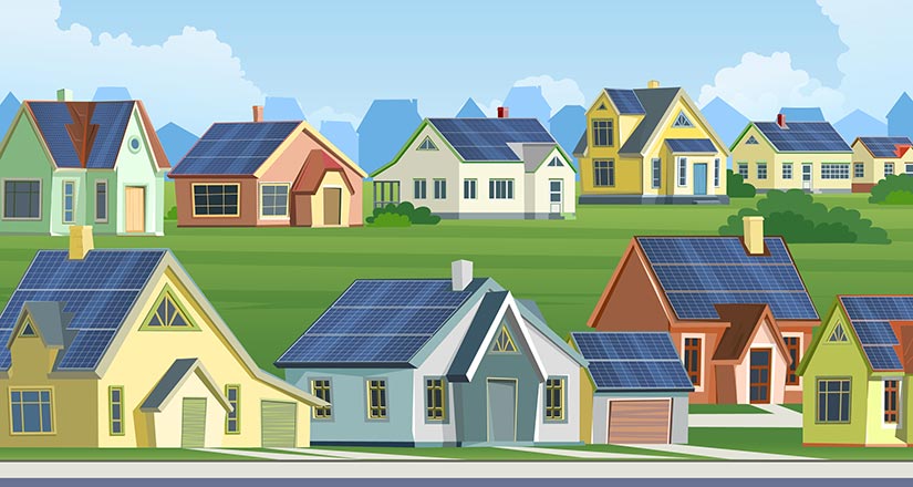 Illustration of homes with solar panels on the roofs.