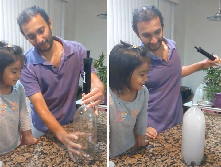 Two side-by-side photos of Hari and his daughter performing an experiment. In the first photo, the plastic bottle is empty. In the second photo, the bottle has a cloud in it.