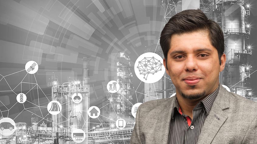 Headshot of Danish Saleem overlain on a stock image of manufacturing facilities and tools.
