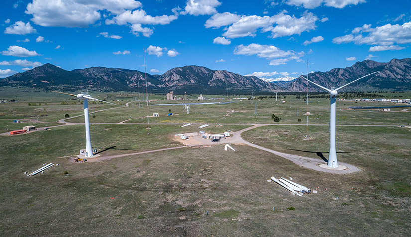 An aerial image of wind turbines at NREL's Flatirons Campus.