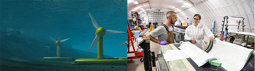 On the left: an illustration of two tidal turbines installed on a riverbed; On the right: two engineers work over a turbine blade composite mold.