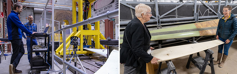 Left: wo people standing in a warehouse and looking at a laptop near large metal contraptions; Right: Robynne Murray and another person standing at opposite sides of an unfinished wind turbine blade