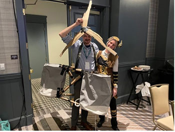 Gordon Stewart, dressed as a floating offshore wind turbine, and Katherine Dykes, dressed as a Viking.