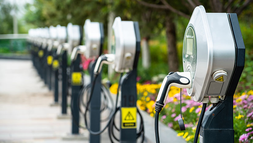A photo depicting a line of public electric vehicle chargers with Springtime foliage in the background.