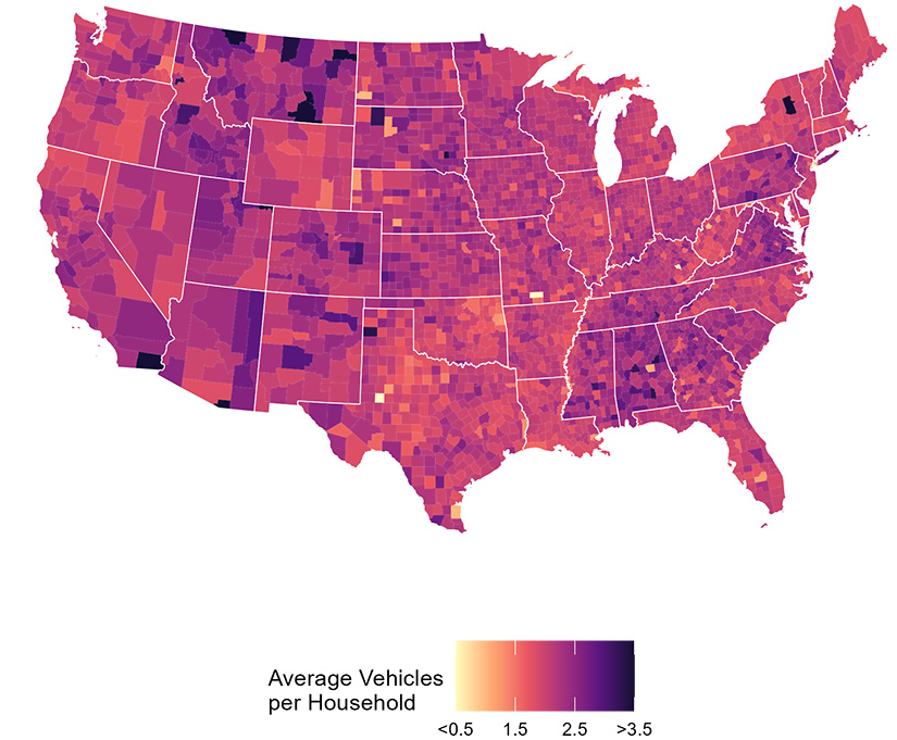 A map showing variation in vehicle ownership across the United States, with a range of average vehicles per household from more than 0.5 to 3.5