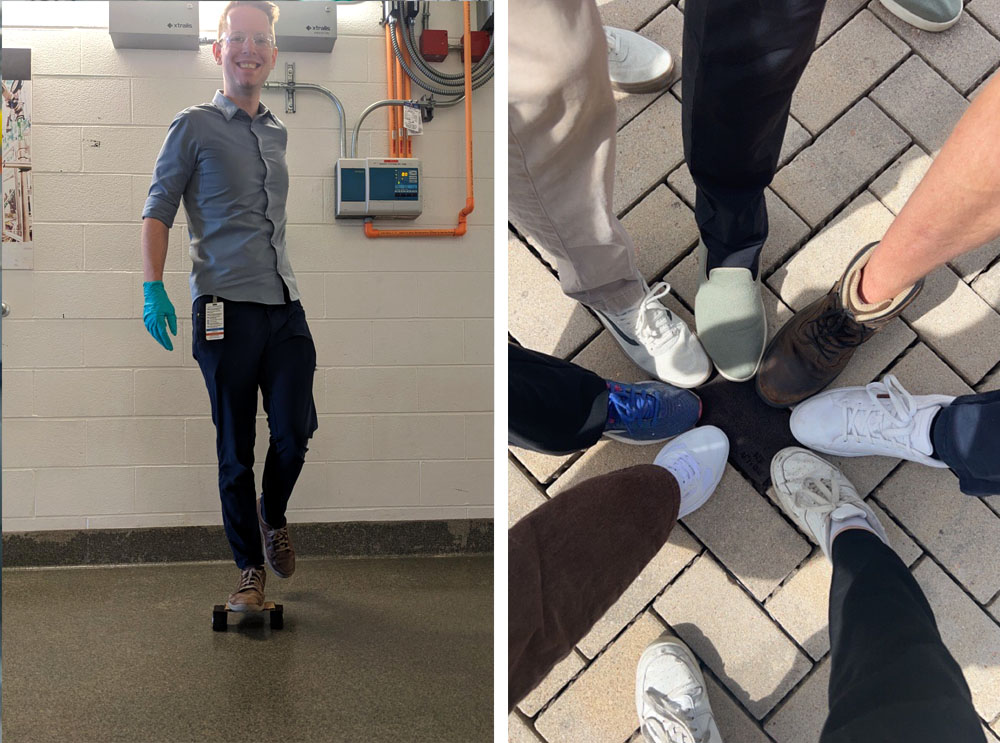 Two photos side by side. A person balances their whole weight on one foot on top of a small platform, and seven peoples’ feet touch a brick in a pathway. 