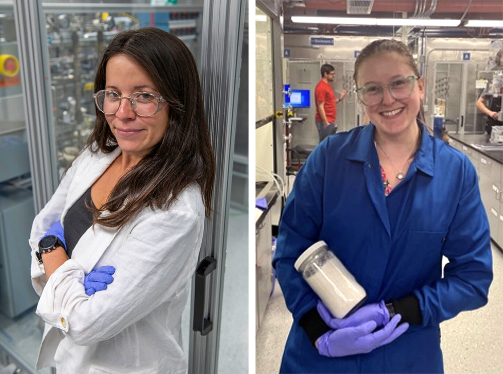 A scientist in a lab coat leans against a door, and a scientist cradles a jar of a neutral-colored substance