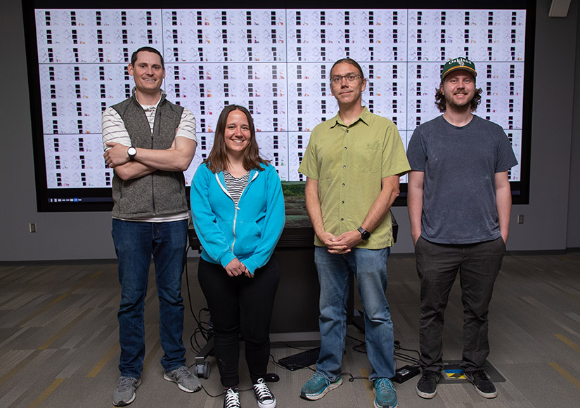 Four people stand in front of a large image.