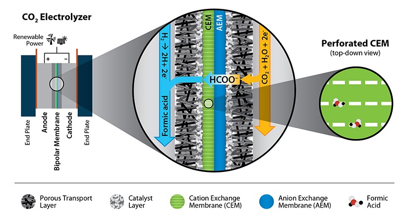 A graphic depicting a carbon dioxide electrolyzer.