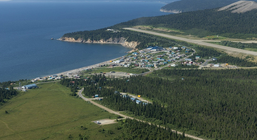 Aerial view of a small coastal town in Alaska.