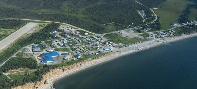 Aerial view of Elim, Alaska, a small coastal town.