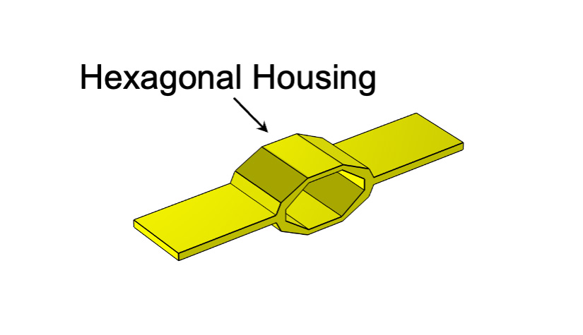 A graphic illustration of one&nbsp;hexDEEC&nbsp;energy generator with an arrow pointing to its hexagonal center&nbsp;with a text label, 
