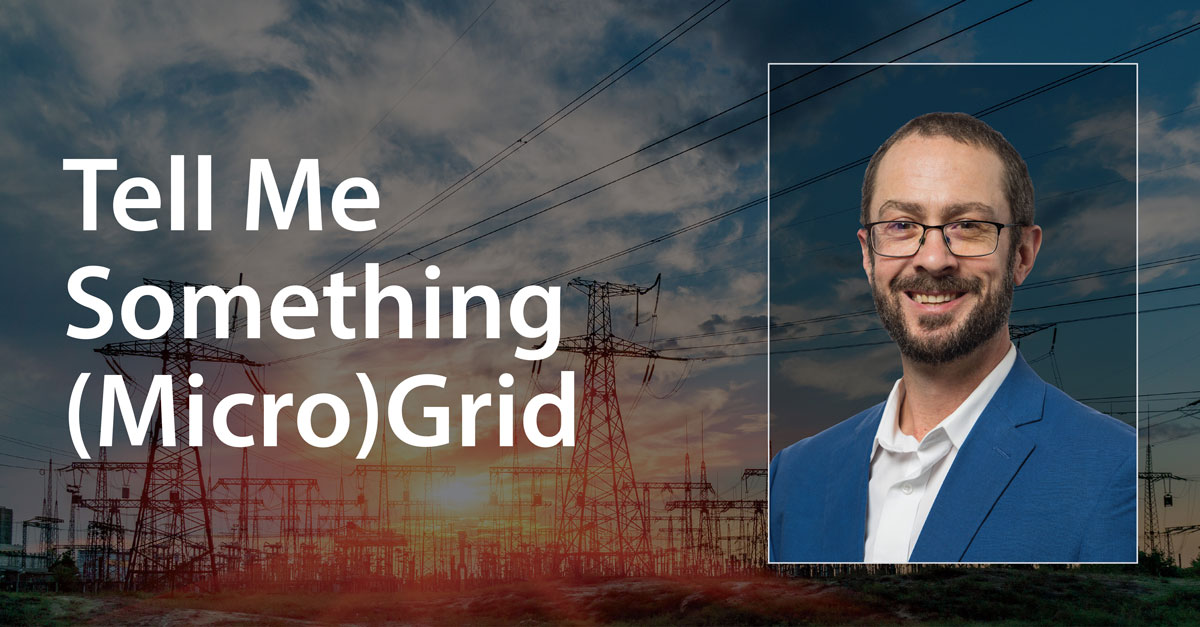 A portrait of a man overlayed on a photo of power lines next to the text