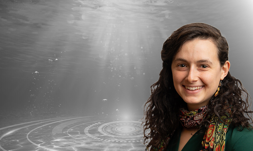 A person wearing a scarf smiling with an underwater graphic behind them.