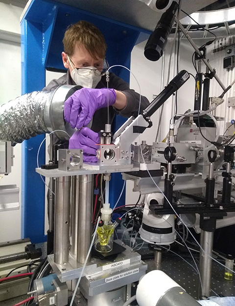 A researcher wearing gloves prepares solutions in a lab.