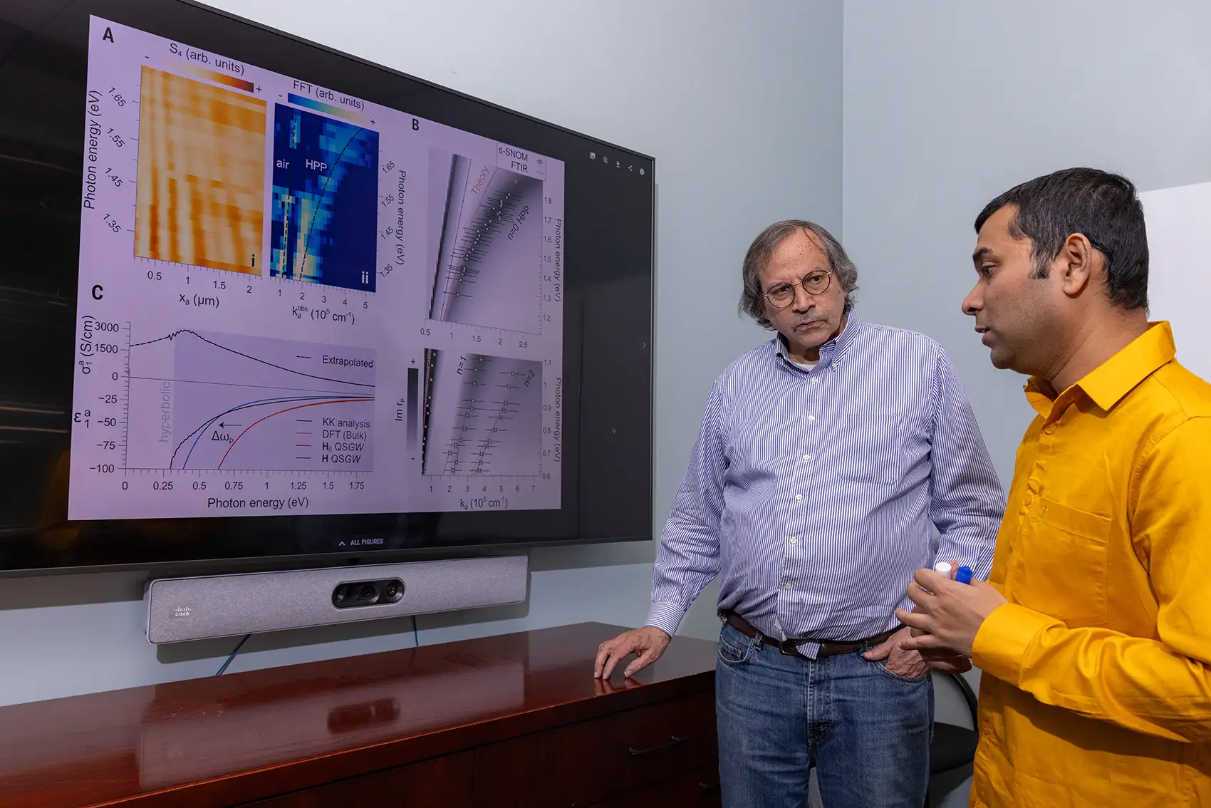 Two people look at a screen with graphs on it.