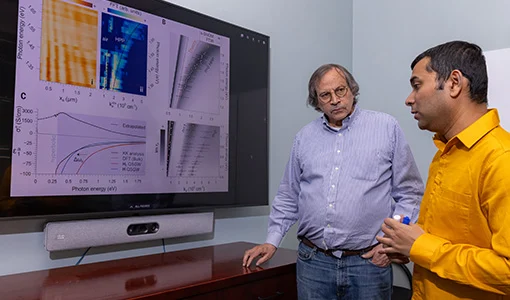 Continue reading about Two people look at a screen with graphs on it.