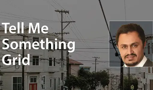 Image power lines on a street with text overlay reading Tell Me Something Grid and a portrait of a man.