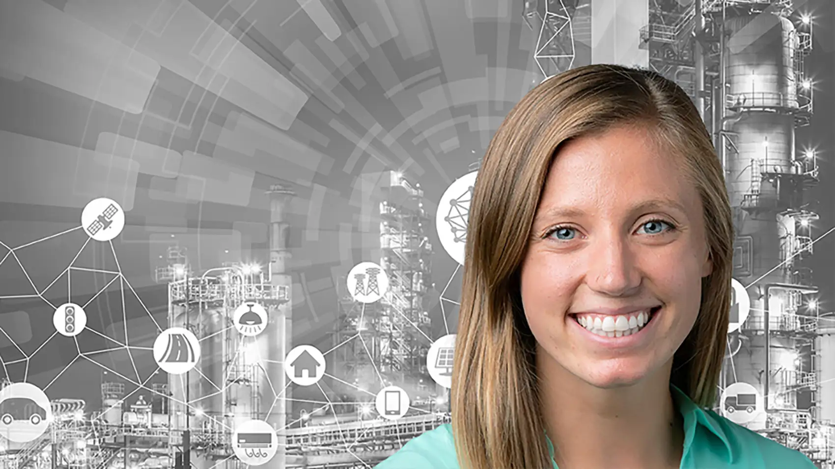 A smiling woman’s face overlain on a background of black- and- white manufacturing images and icons