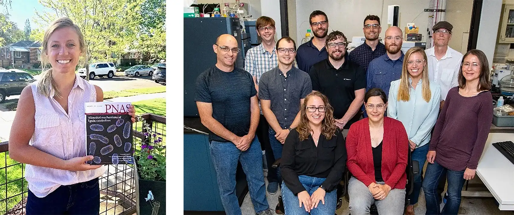 (left) Alli holding up a copy of PNAS; (right) Twelve people posing for a photo
