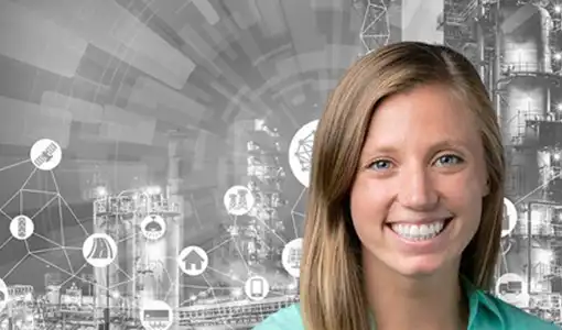 Continue reading about A smiling woman’s face overlain on a background of black- and- white manufacturing images and icons