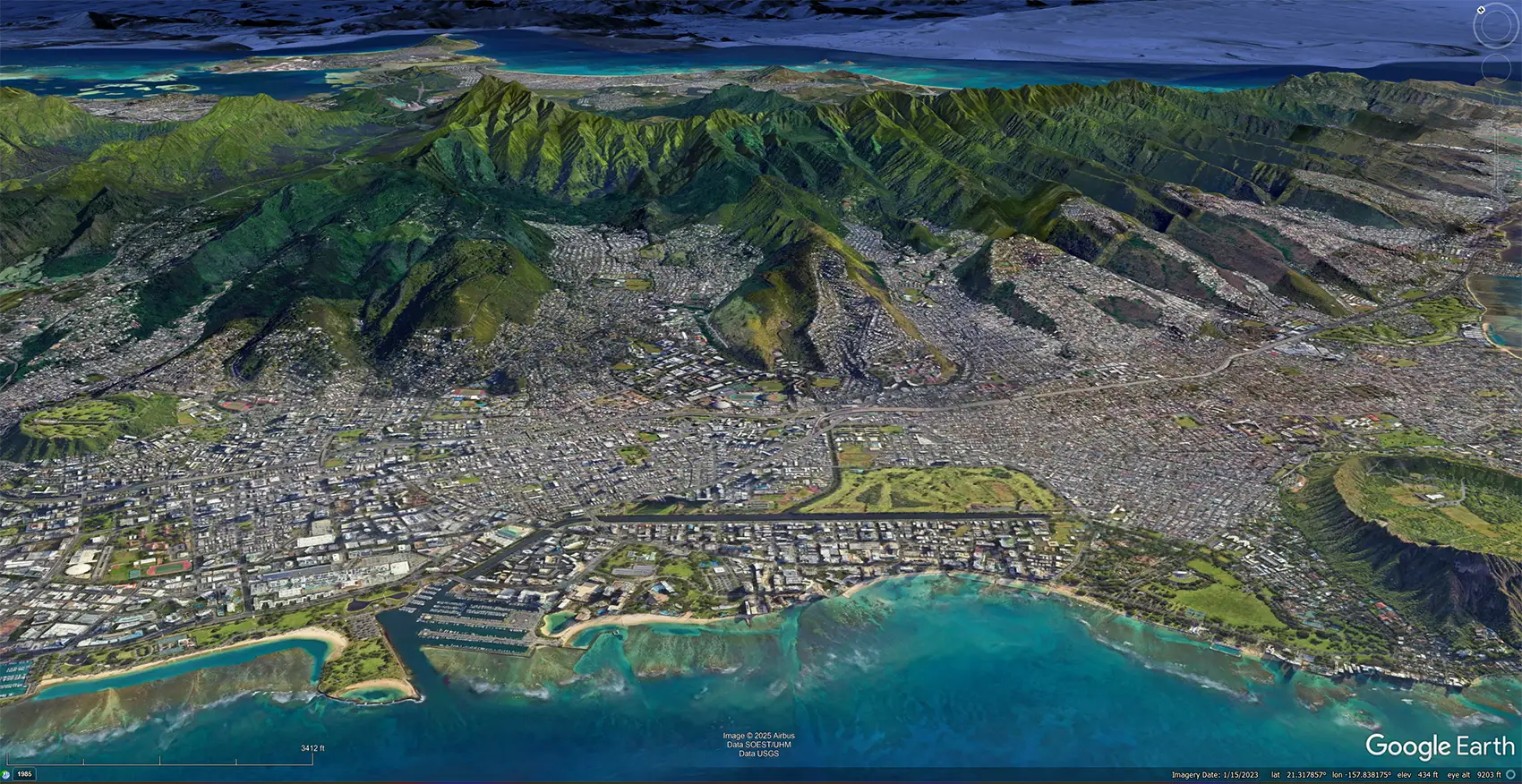 An aerial image of Oahu, from above Honolulu.