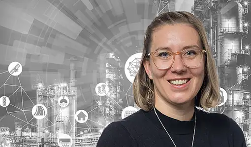 A headshot of Taylor Uekert in front of an illustration that includes icons related to manufacturing