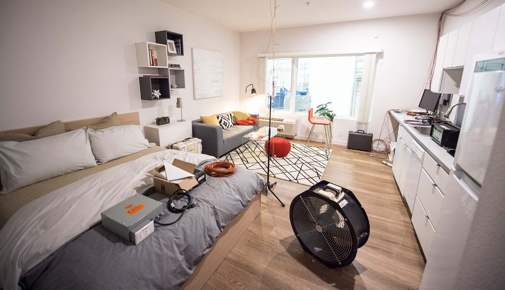 An interior photo of the iUnit studio apartment prototype.