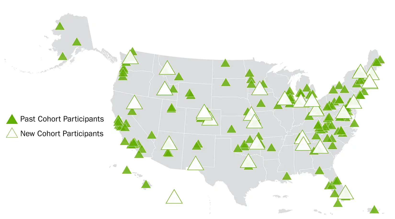 This map of the United States shows locations of the more than 200 participants from previous Energy to Communities peer-learning cohorts and the 30 new participants joining the cohorts that start in July 2025.