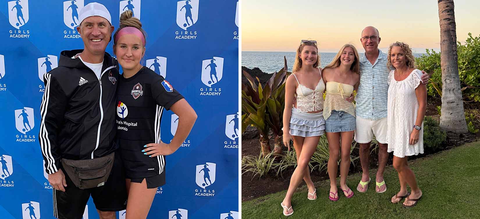Ringer and his daughter wearing athletic gear on the left. Ringer, his two daughters, and his wife pose for a photo outside on the right.