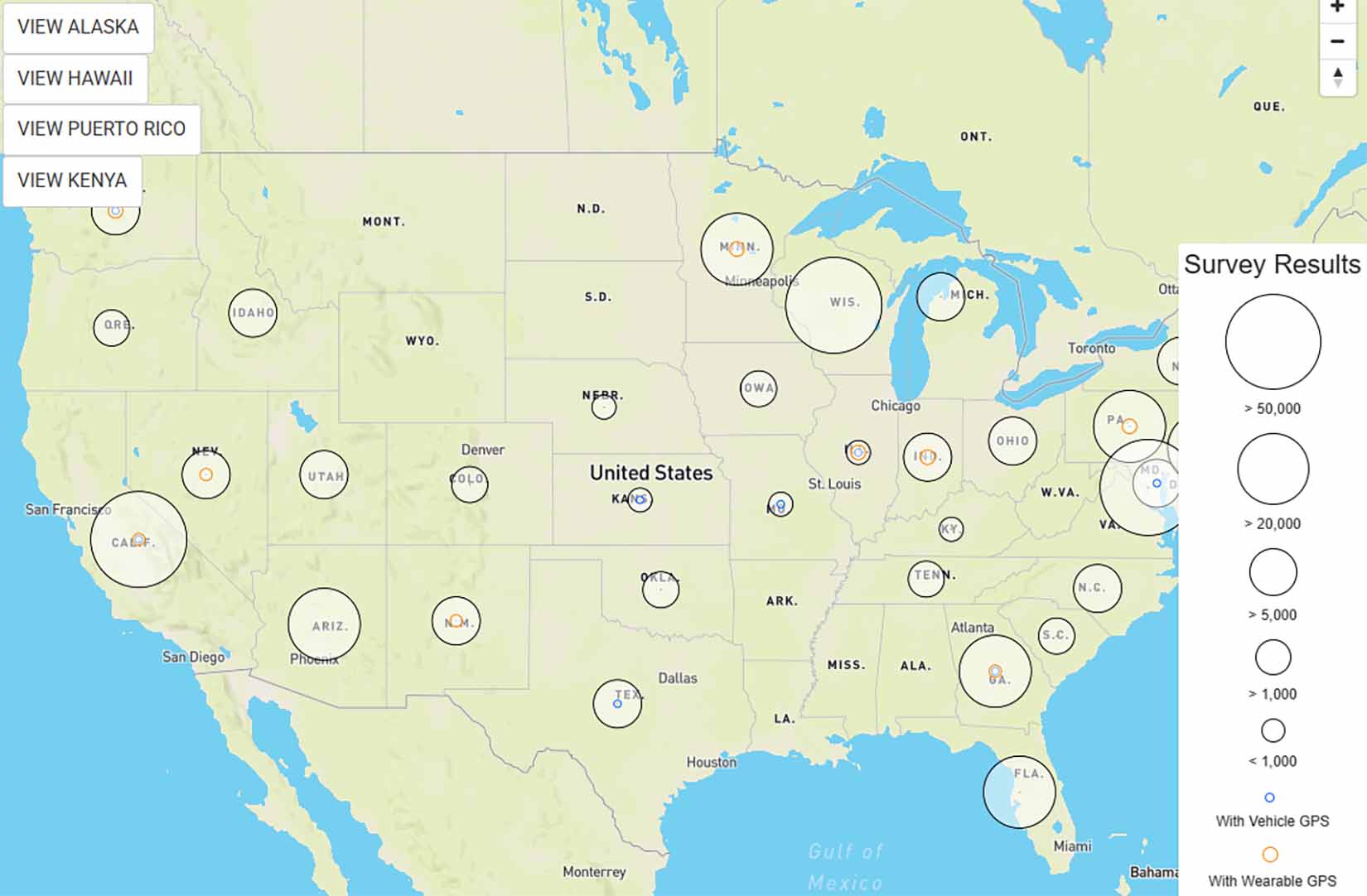 A screenshot of a map showing how many survey results are available from different areas across the United States in the Transportation Secure Data Center.