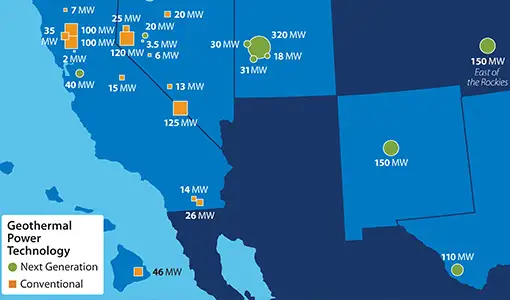 A map showing 26 different locations of geothermal power purchase agreements in multiple U.S. locations. The majority are in California, Nevada, and Utah.