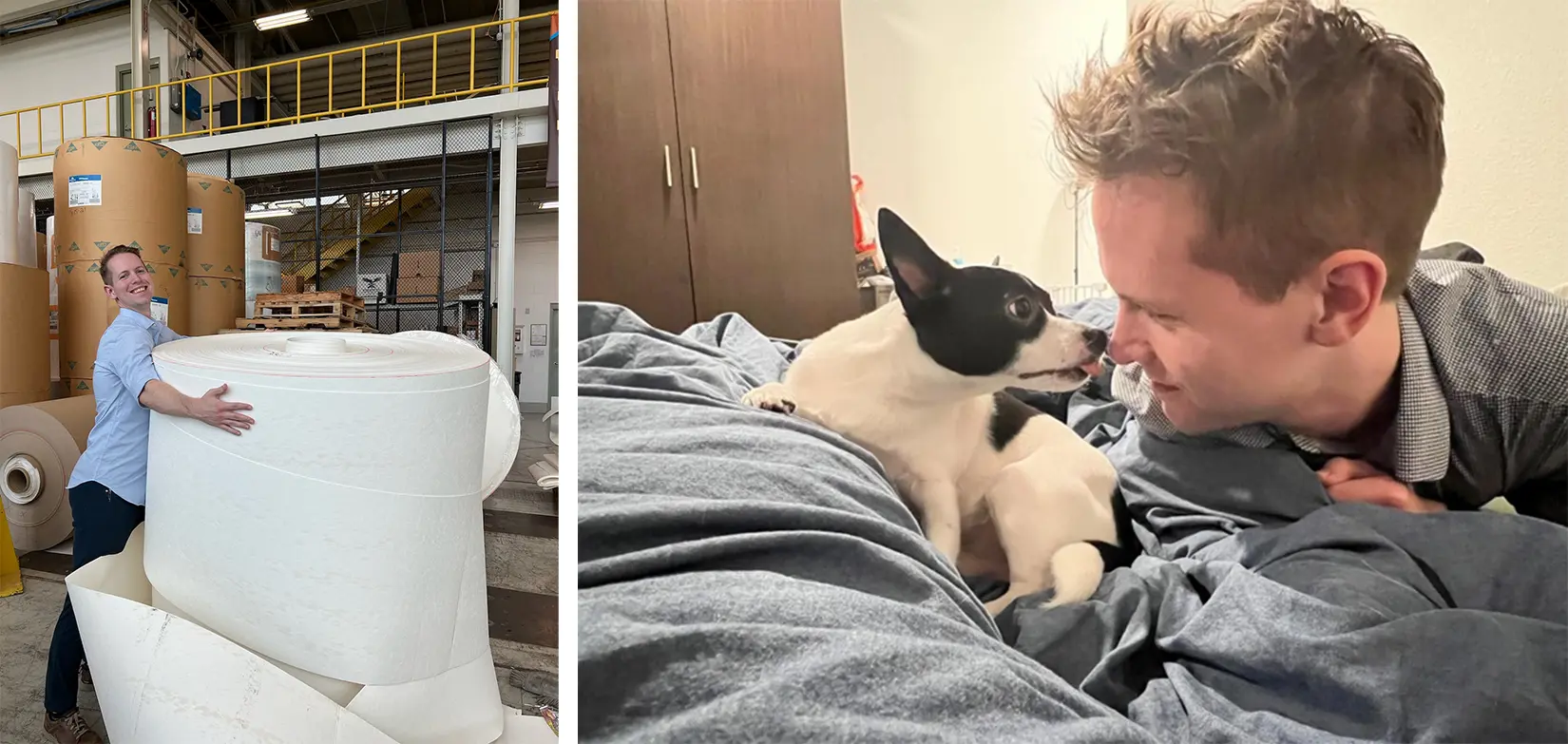 (left): Meyer hugging a large roll of paper; (right): Pipi licking Meyer’s nose while they both lie on a bed.