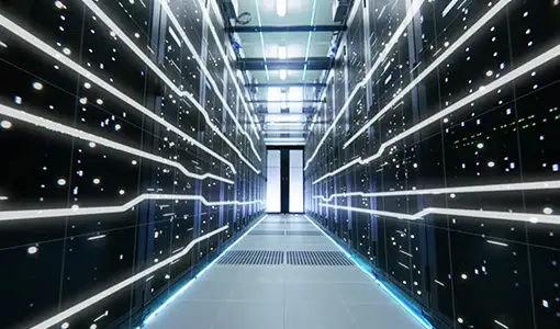 Continue reading about Screenshot of a video showing rows of data centers..