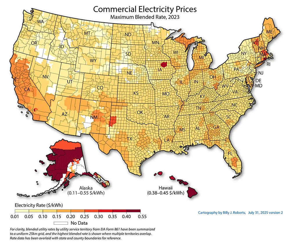 20260330-new-analysis-details-how-air-traffic-control-towers-can-maintain-operations-during-grid-outages-electric-rates-map A map of the United States showing a range of white, yellow, orange, and red colors to indicate electricity prices in that area in dollars per kilowatt hour