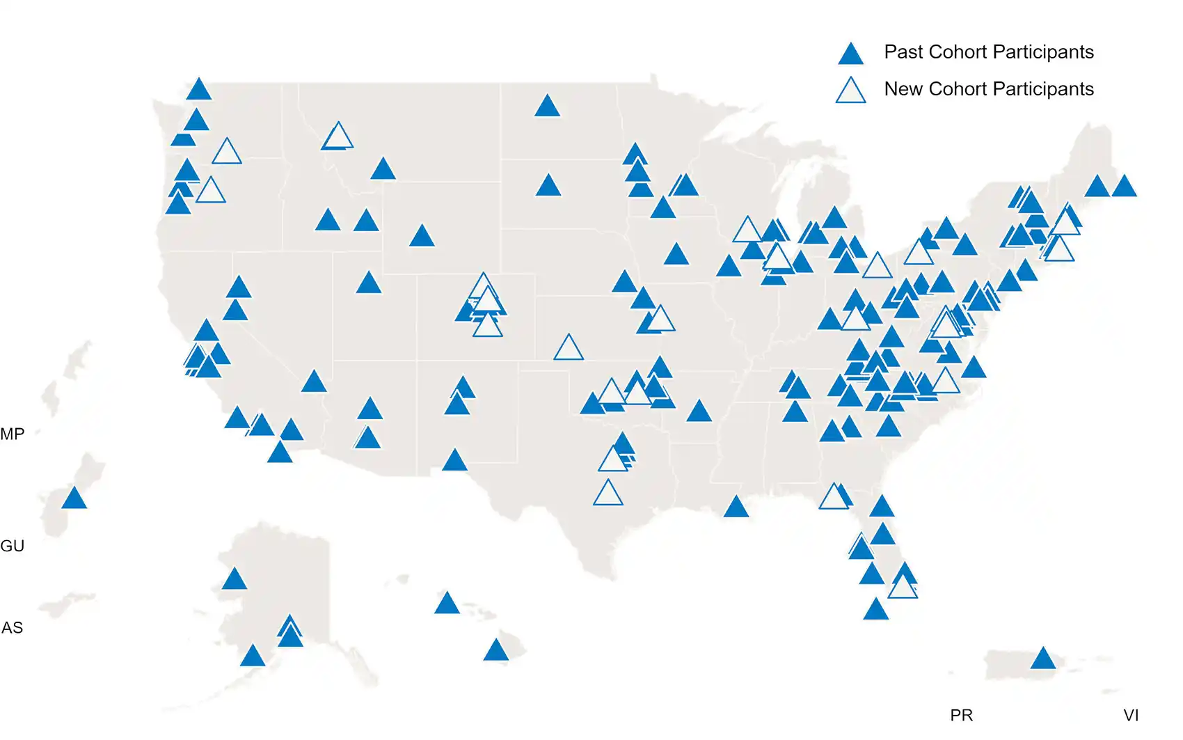 Map of the United States with triangle icons depicting E2C cohort locations..