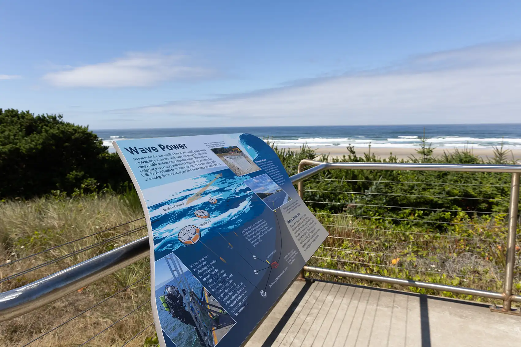 20260909-pacwave-opens-a-giant-leap-for-marine-energy-9U3A5832 A large “Wave Power” sign featuring photos and text is affixed to the metal railing of a wooden observation deck on the shore of a beach where ocean waves are breaking in the background.