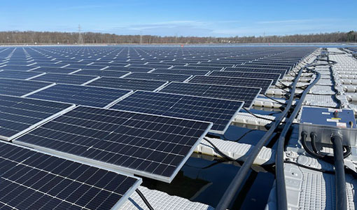 Rows of floating solar panels