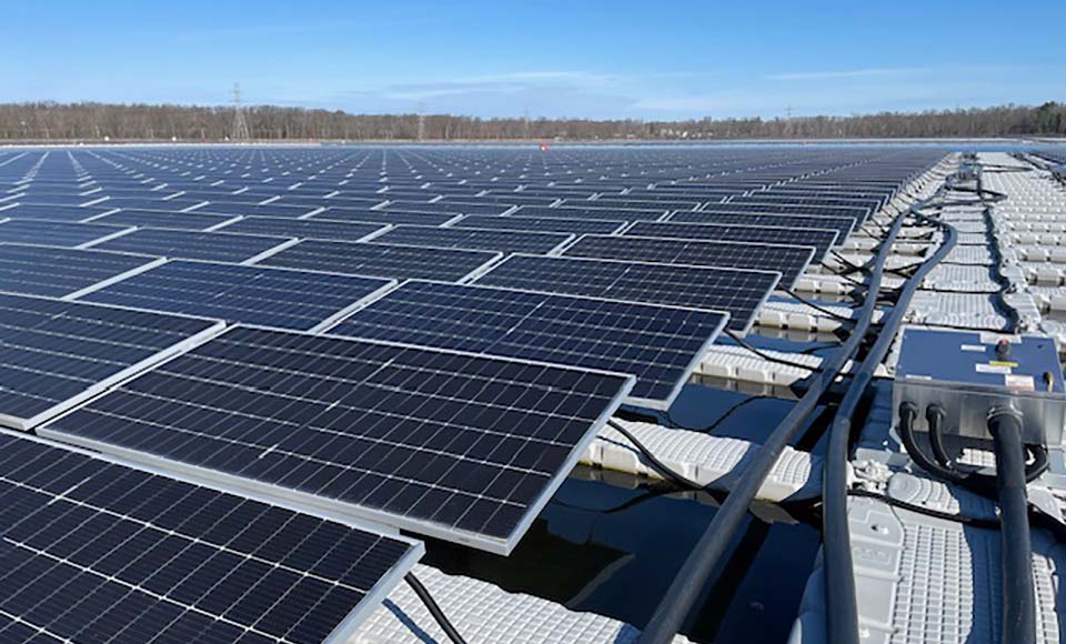 Rows of floating solar panels