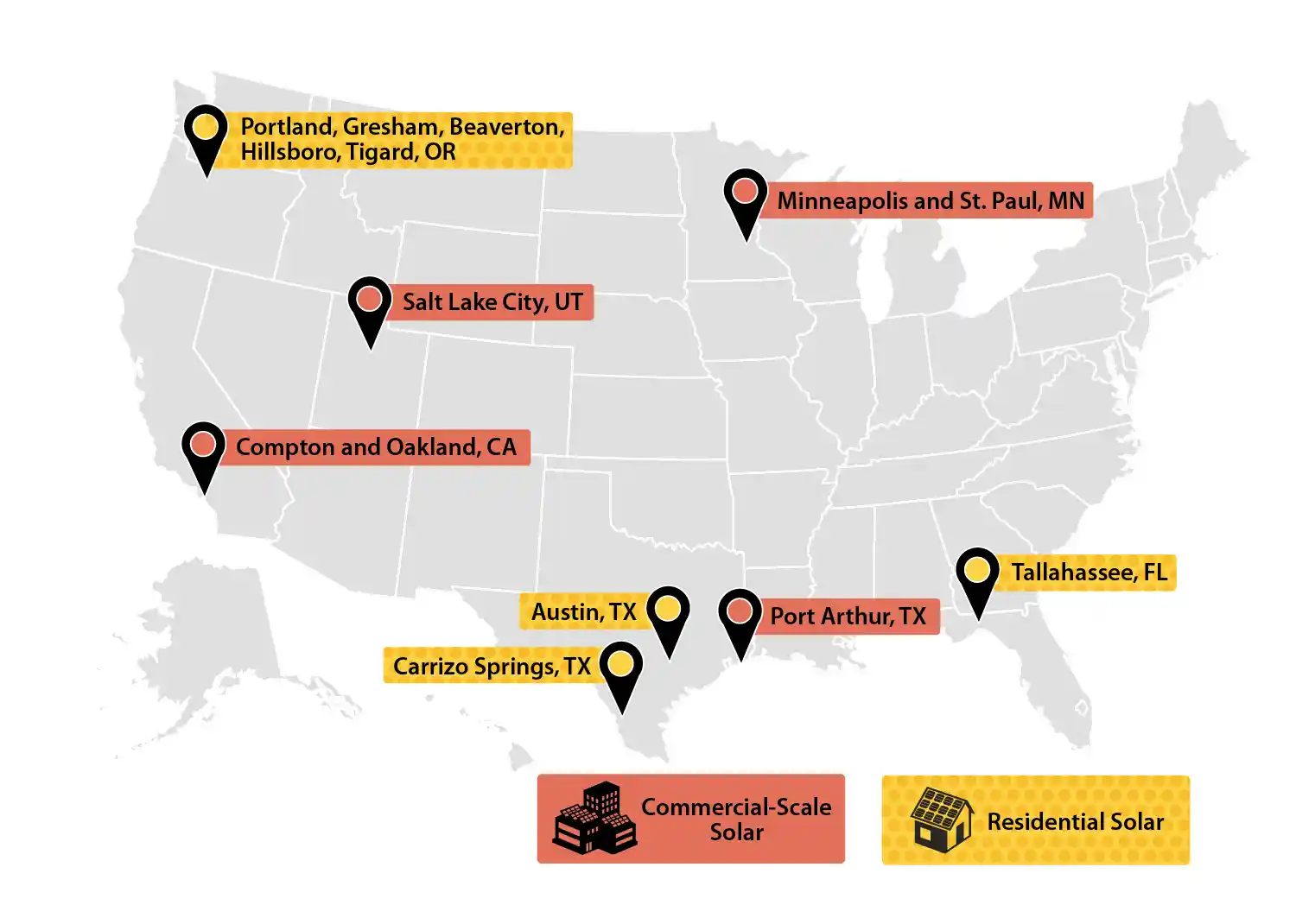 Map of the United States pointing to the eight teams selected for Solar Energy Innovation Network Round 3. These teams represent either equitable commercial-scale solar or equitable residential solar.