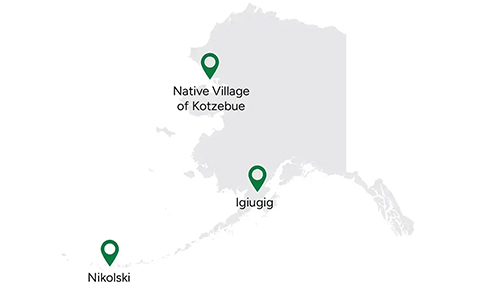 A map of Alaska showing the locations of Nikolski, Igiugig, and the Native Village of Kotzebue.