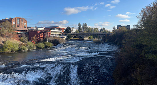River flowing under a bridge with buildings on the shoreline.
