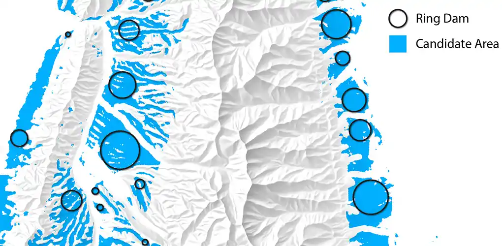 Topography map highlighting ring dams and candidate areas.