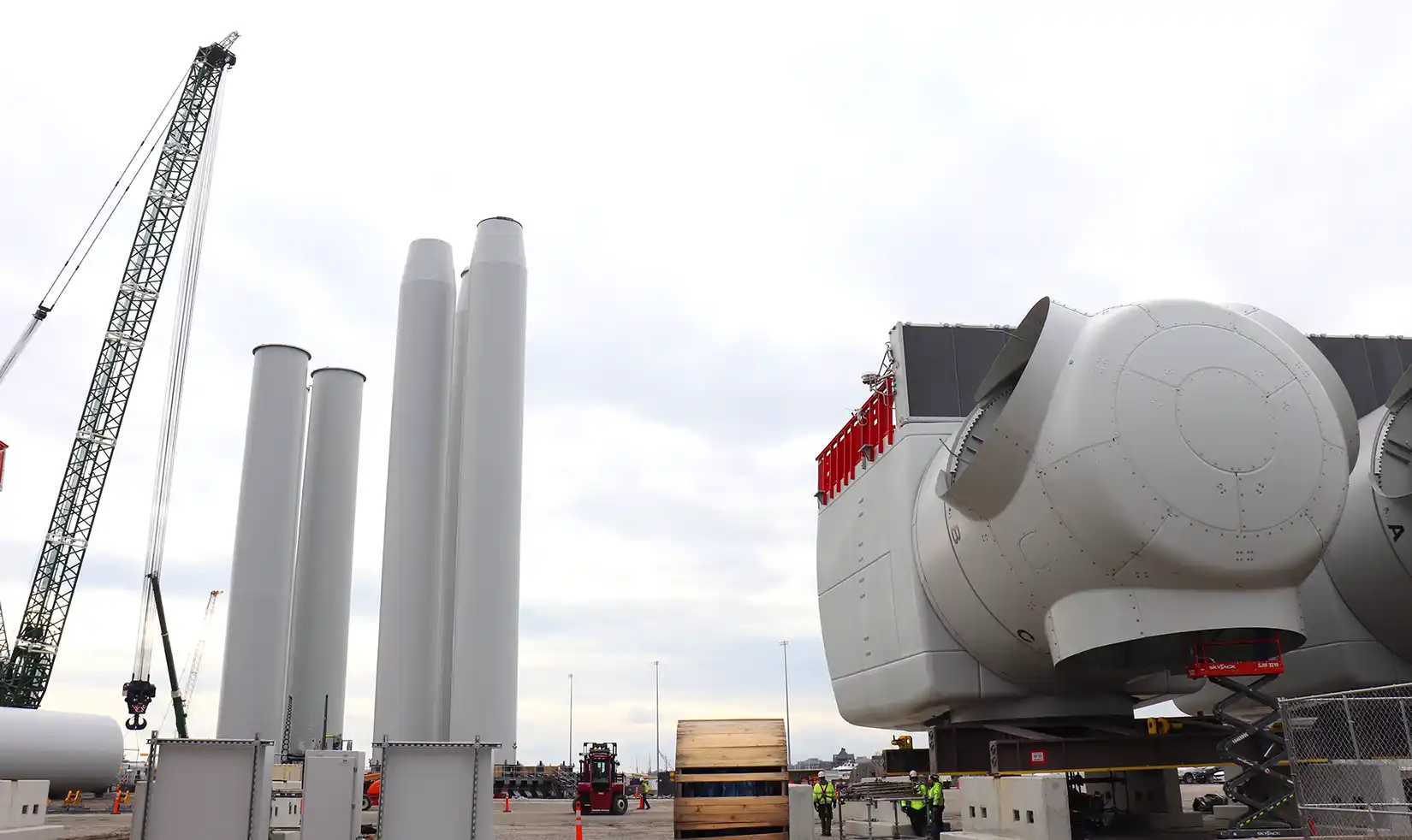 Wind turbines being installed.