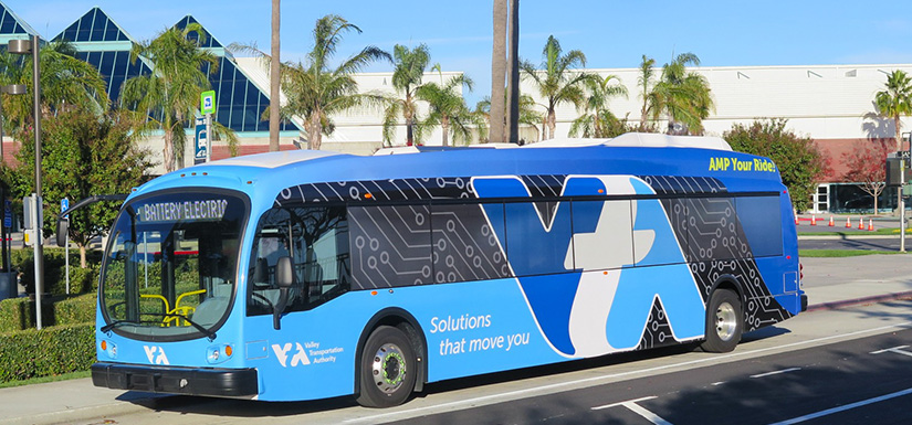 Photo of a fully electric blue Santa Clara Valley Transportation Authority bus.
